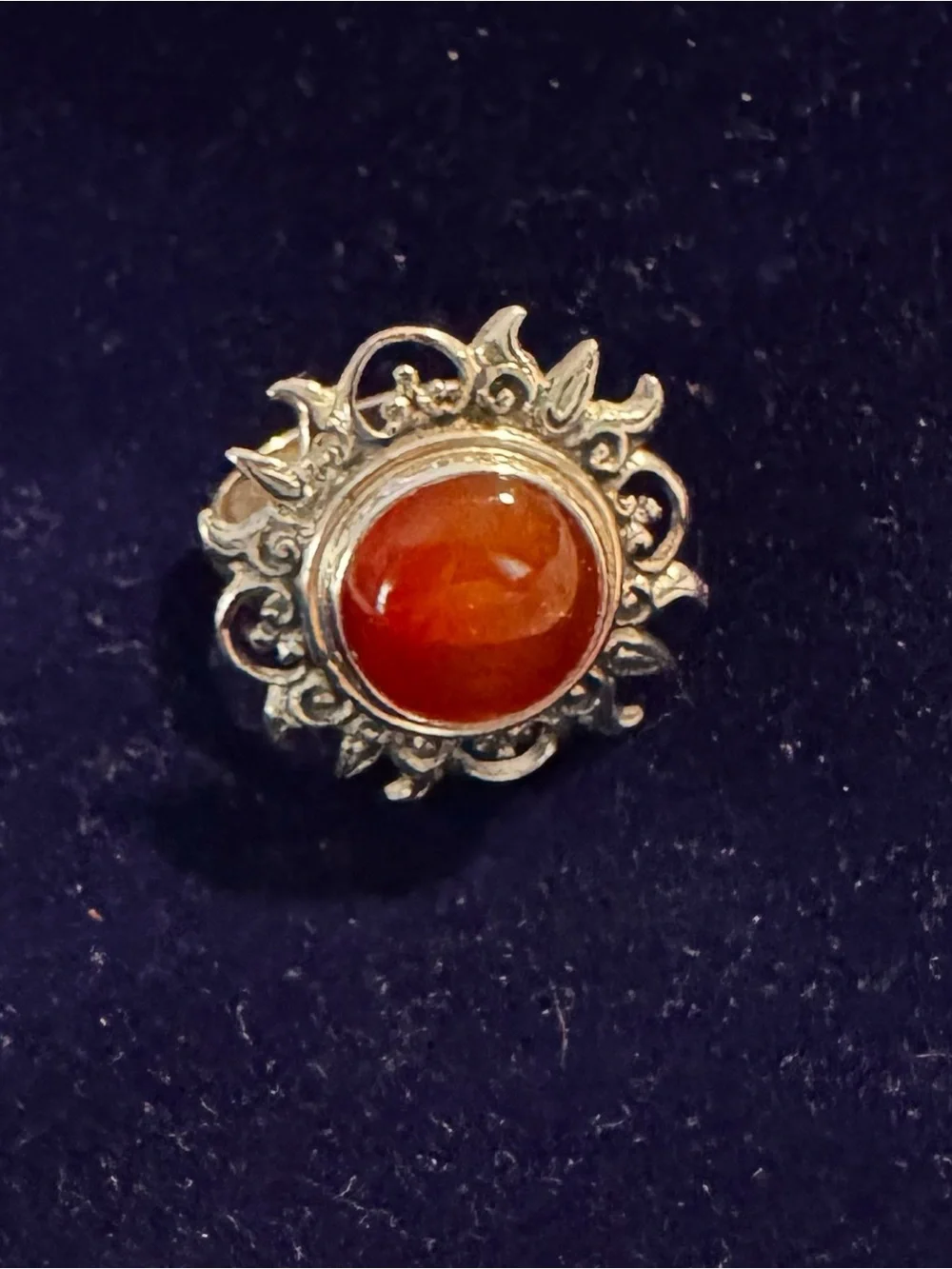 Ovi Silver Sunburst Ring with Amber Orange Cabochon